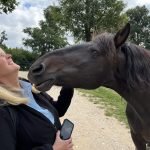 A woman is petting the face of a horse.