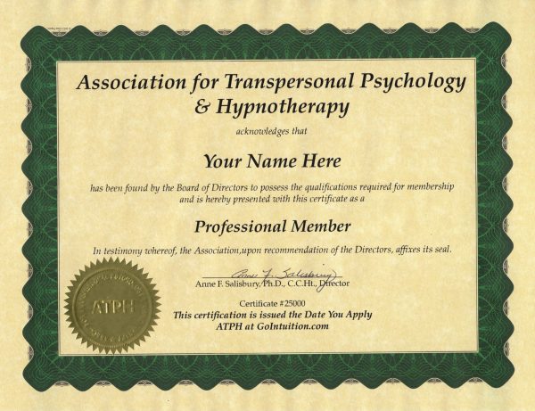 A certificate of recognition for the association for transpersonal psychology and hypnotherapy.