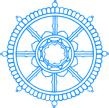 A blue drawing of a wheel with a flower in the center.